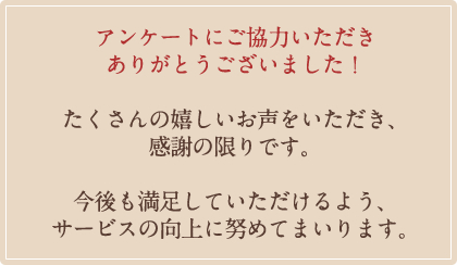 アンケートにご協力いただきありがとうございました！たくさんの嬉しいお声をいただき、感謝の限りです。今後も満足していただけるよう、サービスの向上に努めてまいります。